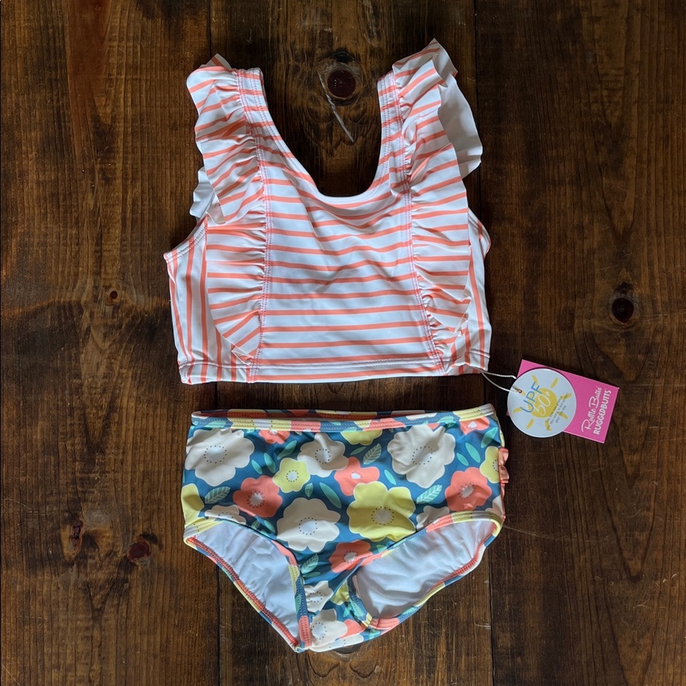 Ruffle Butts Kids Swim Bikini - Coral Stripes and Floral